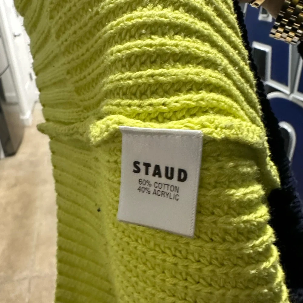 Staud Hampton Sweater Quarter Zip Lime Navy White Stripe - Picture 4 of 5